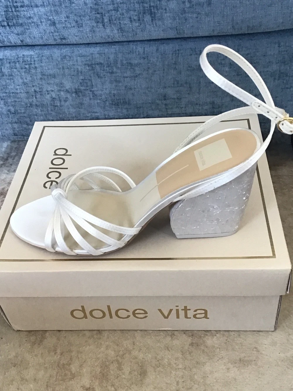 Dolce Vita Ronica White Strappy Block Heel Sandals with Ankle Wrap